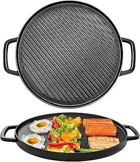GGC Reversible Cast Iron Griddle, Double-sided Griddle Pan for Stove Tops, Gas Grills and Outdoor Cooking, 14 inch Grill Griddle with Baking Flat and Ribbed
