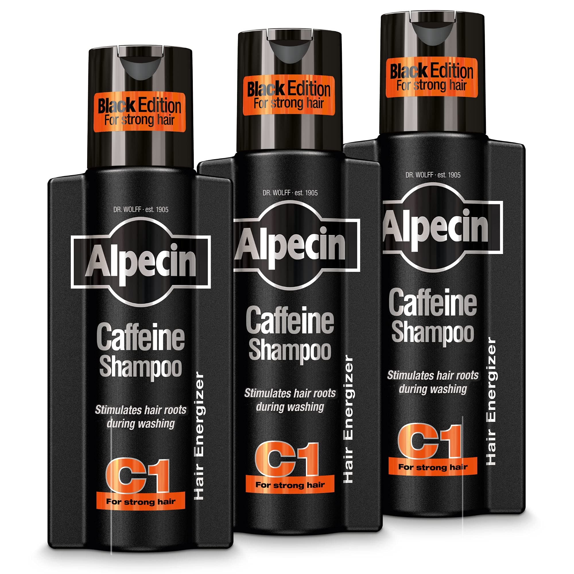 Caffeine Shampoo C1 Black Edition - 3 x 250 ml - with new fragrance | Natural hair growth for men | Energy for strong hair | Hair Care for Men Made in Germany