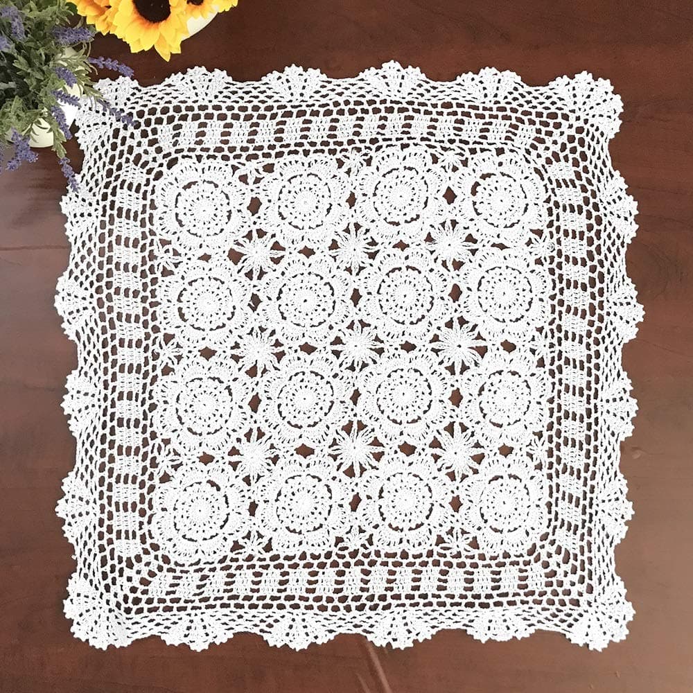Hetao 100% Cotton Handmade Crochet Square Tablecloth Doilies Lace Table Covers,White, 23 Inch
