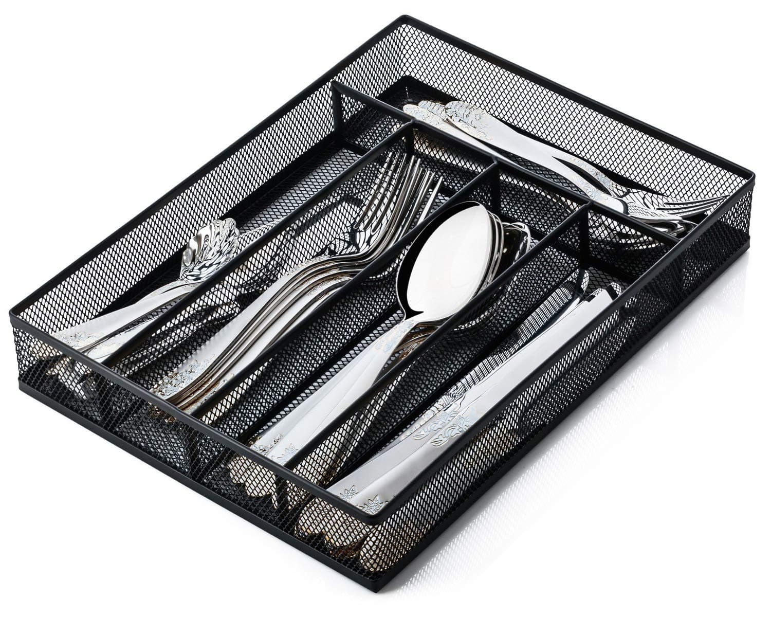 JANE EYRE Utensil Drawer Organizer, Cutlery Tray Silverware Flatware Storage Divider for Kitchen, Mesh Wire with Non-slip Foam Feet, 5 Component, Black