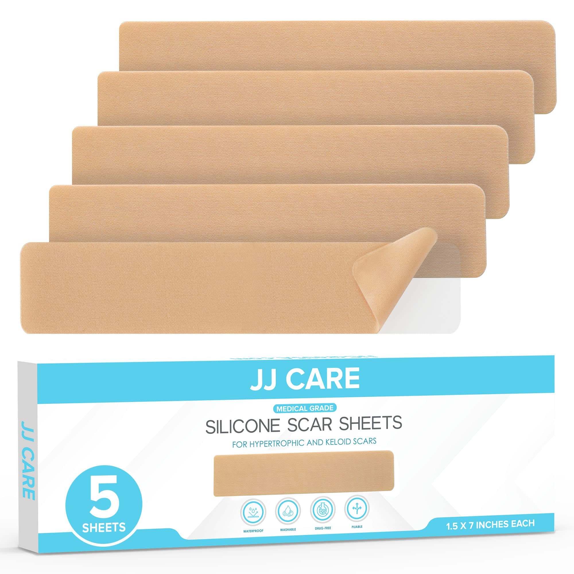 JJ CARE Silicone Sheets for Scars 7"x1.5" - 5 Count Medical Grade Silicone Scar Strips Washable & Reusable Soft Silicone Scar Tape for Keloid, C-Section, Tummy Tuck, Injury, Burn, Surgery Recovery