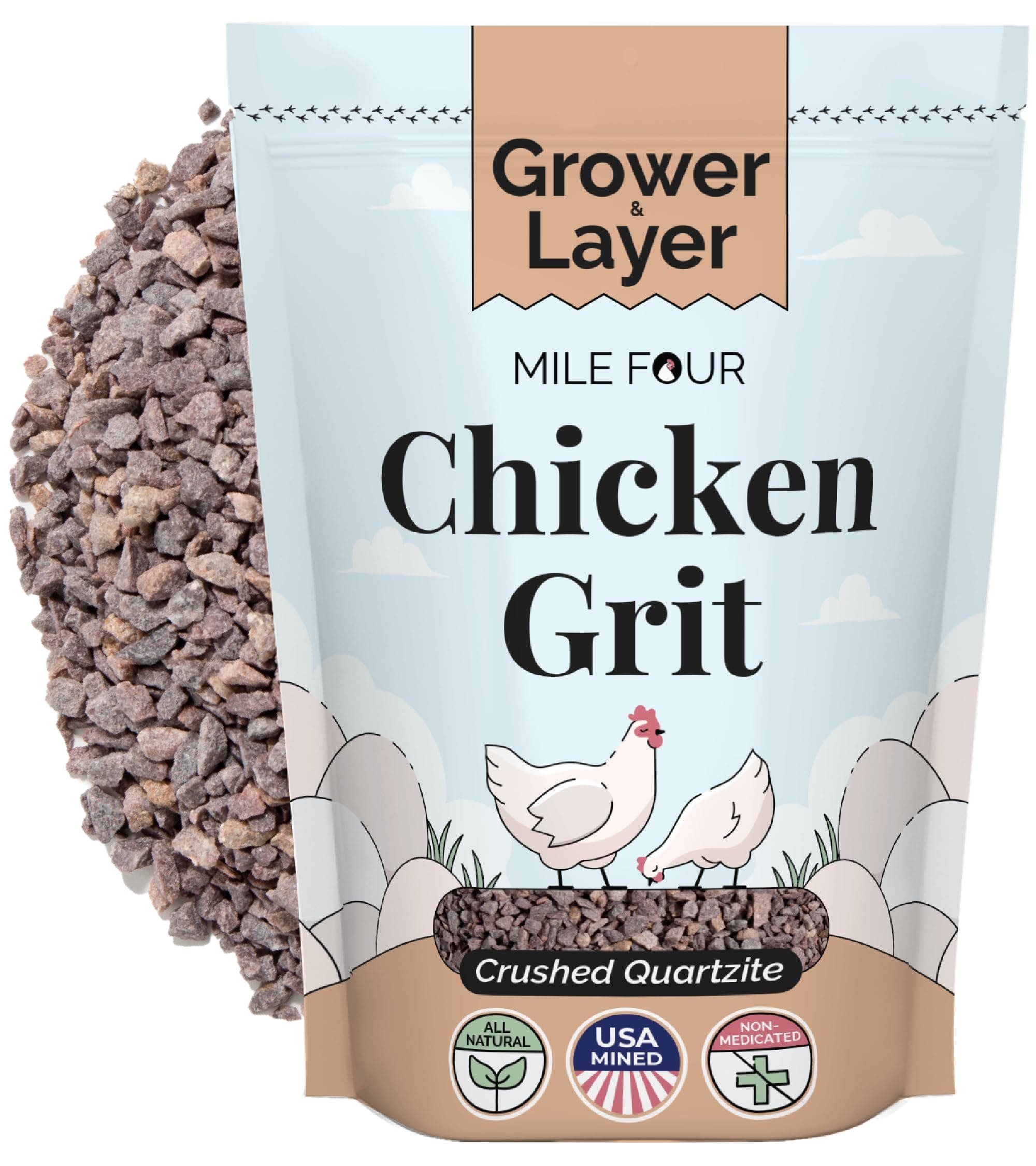 - Mile Four Chicken Grit for Layer & Grower Chickens Age 8-20+ Weeks - 100% Natural Mineral Chicken Grit Quartzite, Poultry Grit, USA Mined, 4 lbs