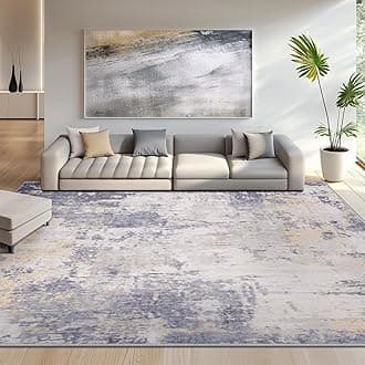 Washable Area Rugs 9'x12' Non-Slip Modern Abstract Soft for Living Room Entryway Bedroom Nursery, Print Pattern, Purple Grey Cream Yellow