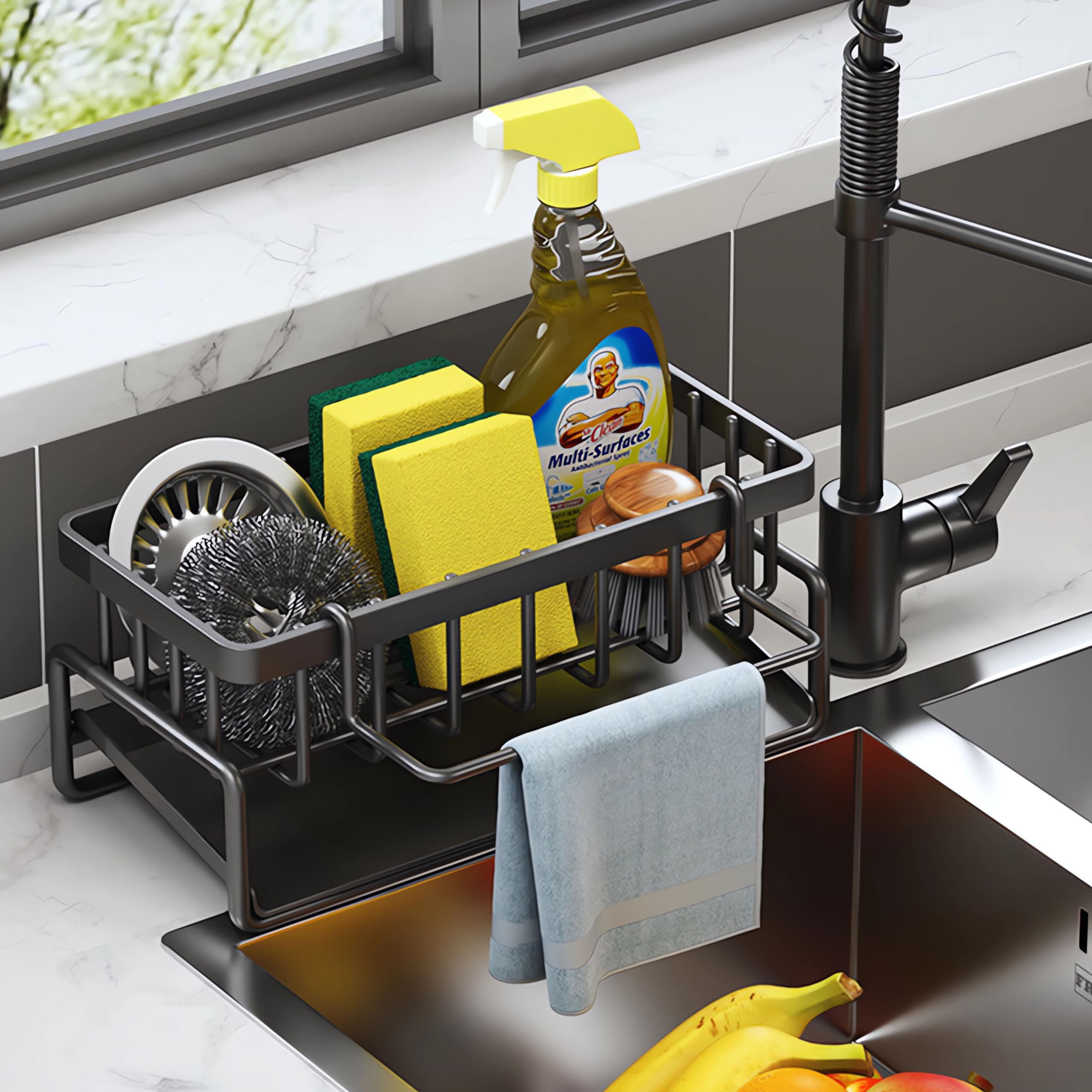Sink Caddy - Kitchen Storage & Organisation Organiser with Sponge Holder & Sink Tidy (Black)