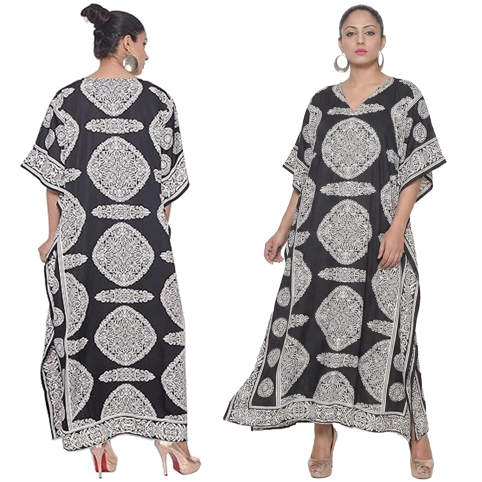 Good Times Caftan for Women Plus Size Black & White Long Maxi Beach Cover Up, Loose Fit House Dress, Casual Kaftan 1X-3X