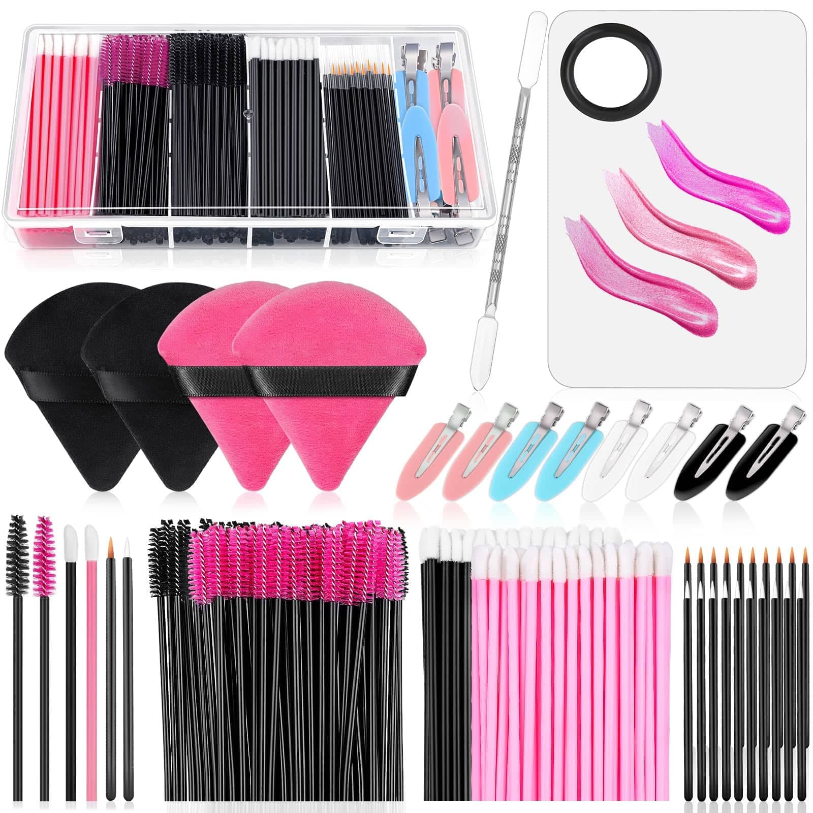Audab Disposable Makeup Applicators Kit with Makeup Puff Makeup Mixing Palette Makeup Artist Supplies Accessories Mascara Wands, Lip Brushes, Hair Clips Powder Puffs for Face with Storage Box