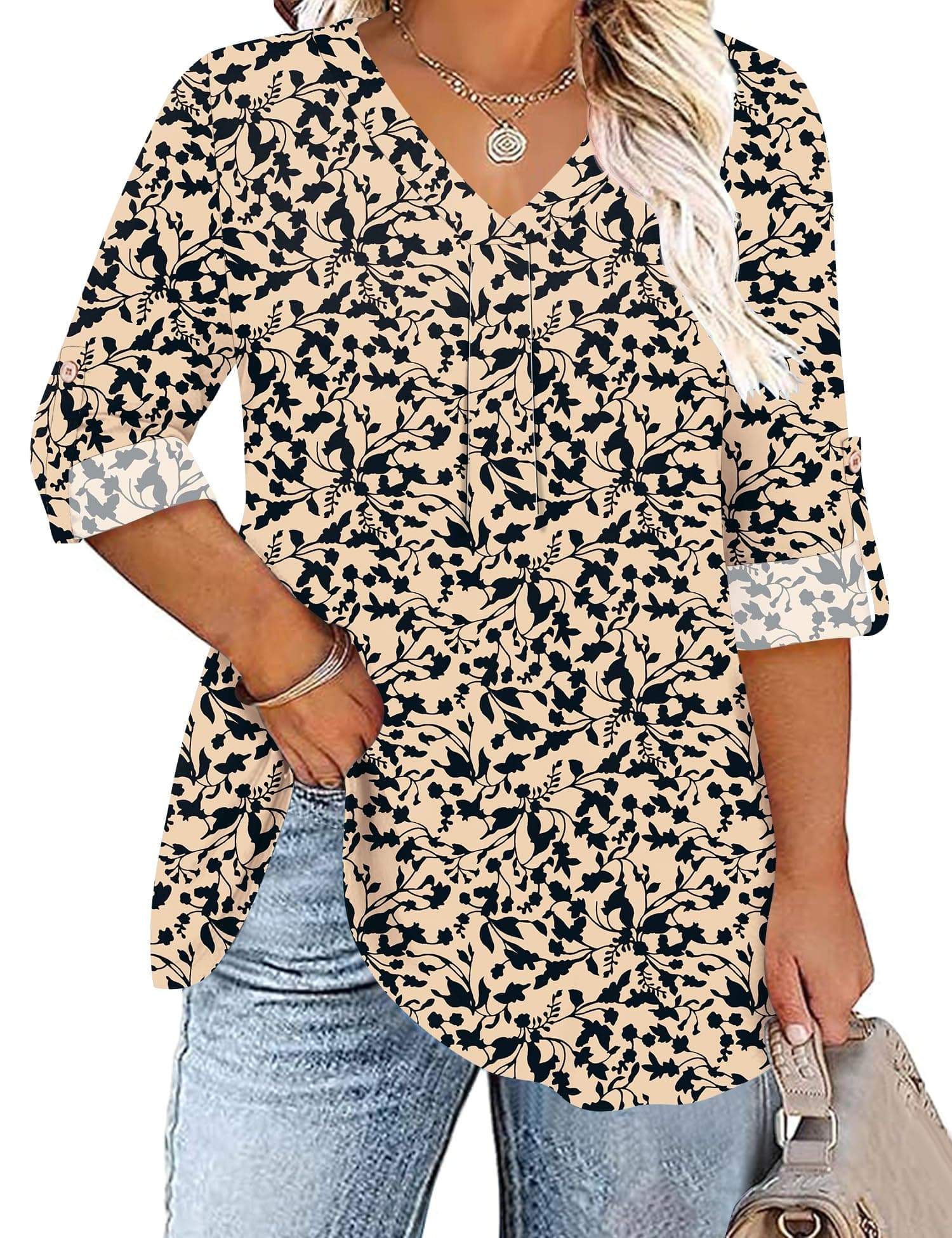 TFSDOD Plus Size Women Blouses 3/4 Sleeve Long Sleeve V Neck T Shirts Summer Business Casual 1X-5X