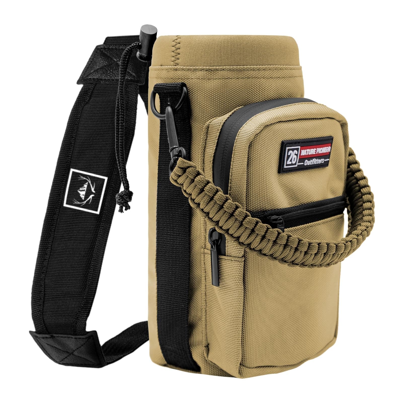 NATURE PIONEOR Water Bottle Holder with Adjustable Strap - 26/32/36/40/46/64oz Insulated Water Bottle Sling Carrier with Paracord Handle & 2 Pockets, Outdoor Sports, Hiking, Camping, Gym