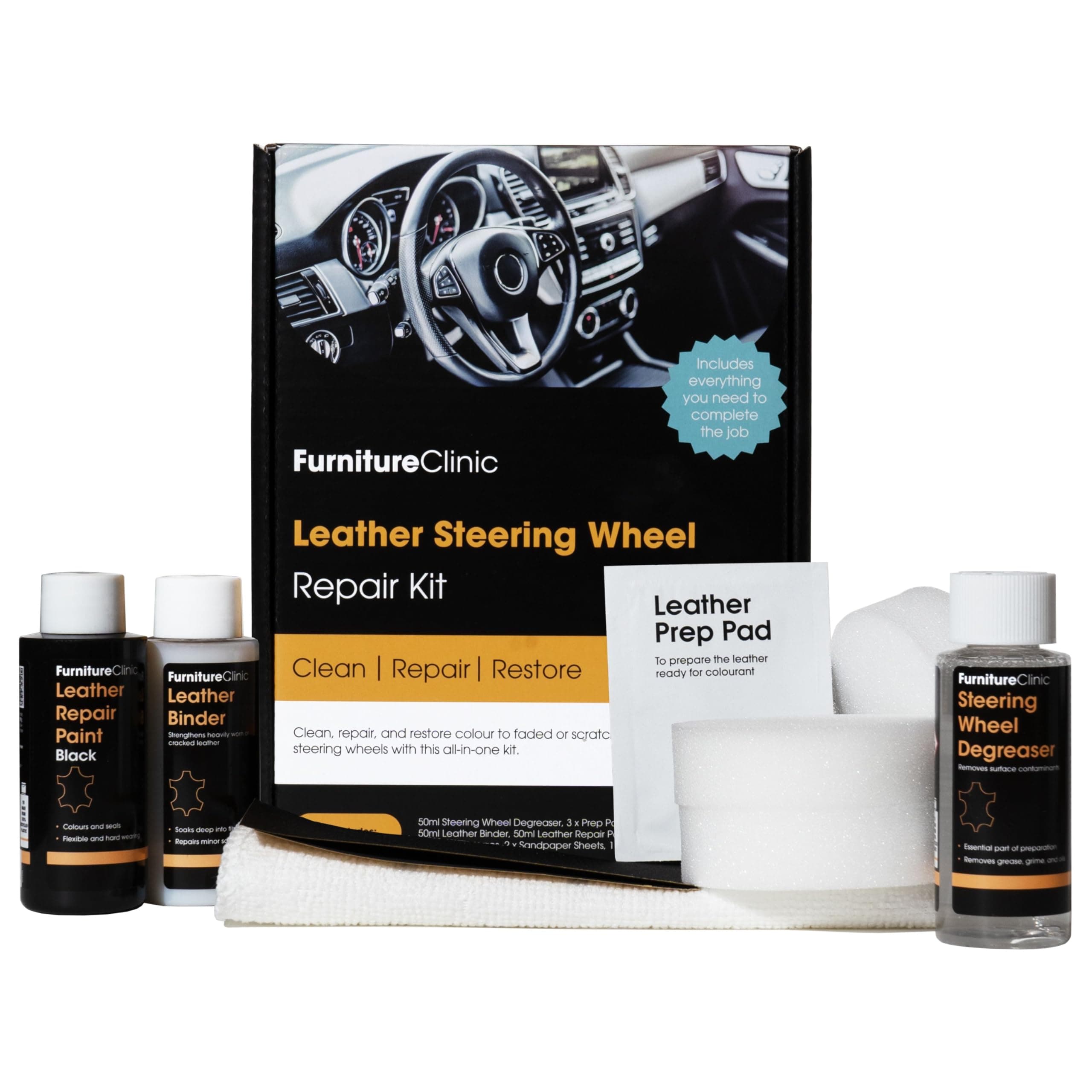 Leather Steering Wheel Repair Kit (Black) - Remove Any Grease Build up, Repair Any Damage & Restore the Colour to Any Worn Leather Steering Wheel