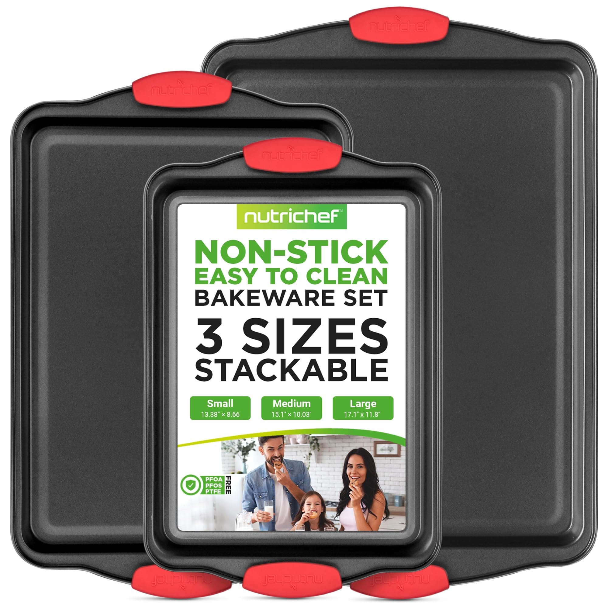 NutriChef Non-Stick Kitchen Oven Baking Pans-Deluxe & Stylish Nonstick Gray Coating Inside Outside, Commercial Grade Restaurant Quality Metal Bakeware with Red Silicone Handles NCSBS3S, 3 Piece Set