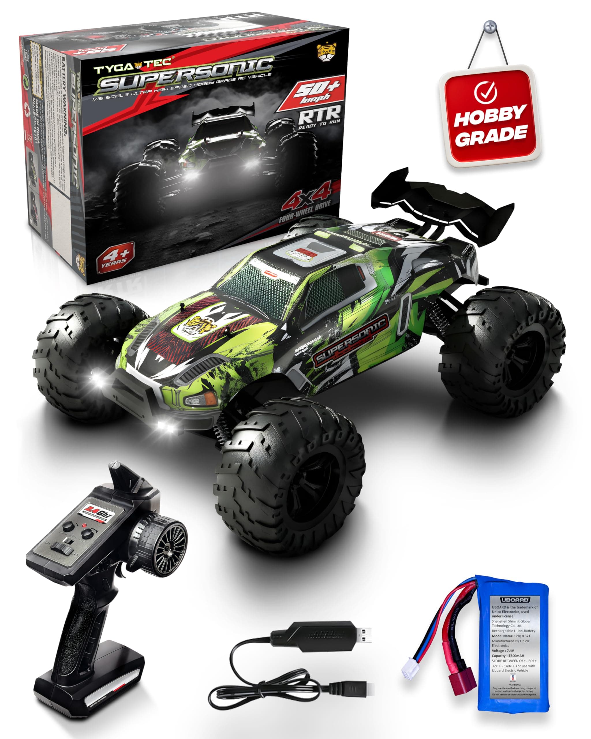 - 1:16 All Terrain Supersonic Rc Car, 45 Kph High Speed Remote Control Car with 2.4 Ghz Control, Electric Vehicle Off-Road Truck, 4X4 Wheel Drive Trucks Rechargeable Batteries,Green