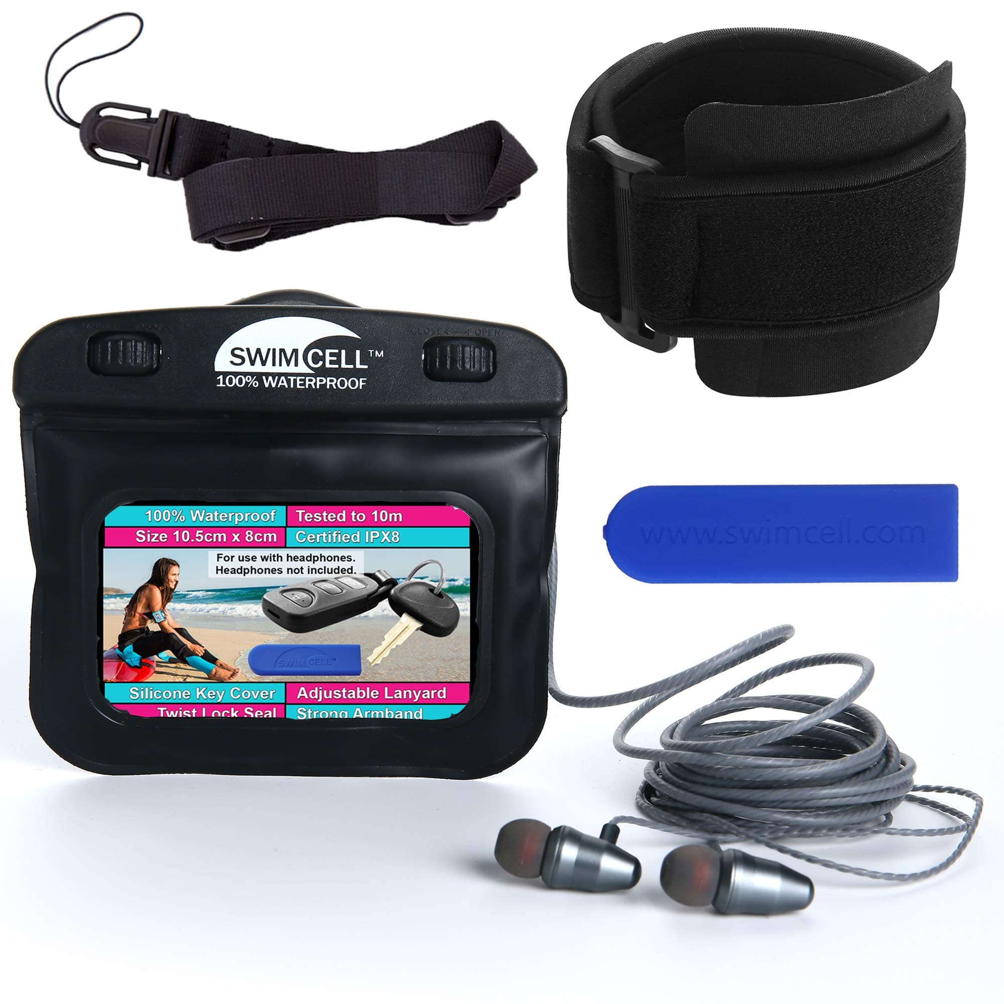 SwimCell Waterproof Case for MP3 Player with headphone jack. 3 x 4 inches. Adjustable Running Armband, Lanyard and Silicone Key Cover (Black with HPJ, 3 x 4 inches with Headphone Jack)
