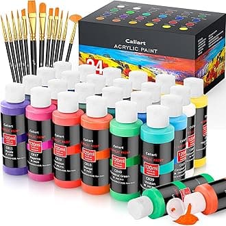 Caliart Acrylic Paint Set With 12 Brushes, 24 Colors (120ml, 4oz) Art Craft P...