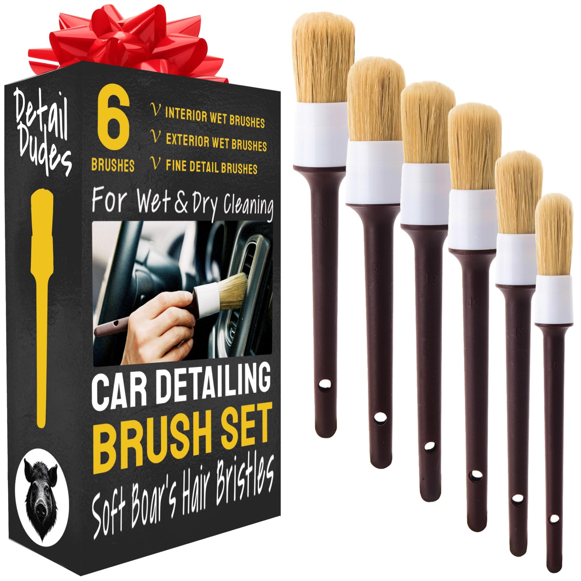 Detail Dudes Soft Boar Hair Car Detailing Brush Set - 6-Pack - Scratch-Free Soft Bristle Cleaning Brushes - Reaches Tight Spots & Interior Car Cleaning Kit - Ergonomic & Durable Detailing Supplies