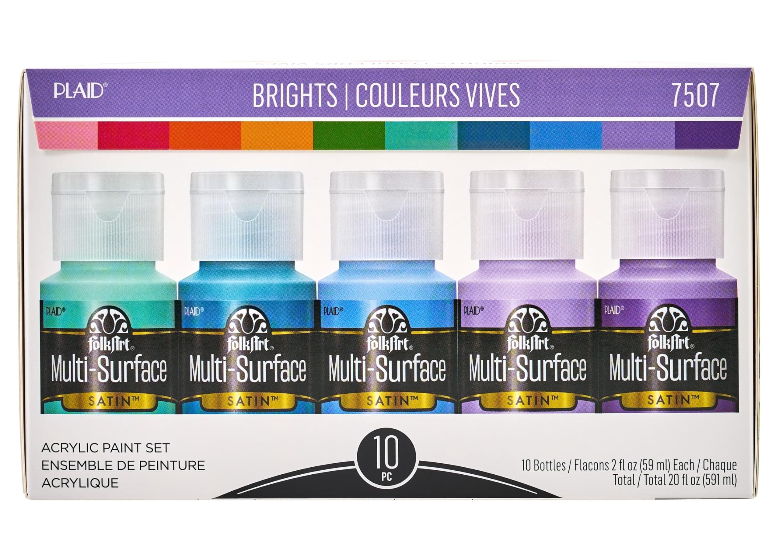 FolkArt Color, 10 Bottle Multi-Surface Acrylic Paint Set, 2oz, Brights