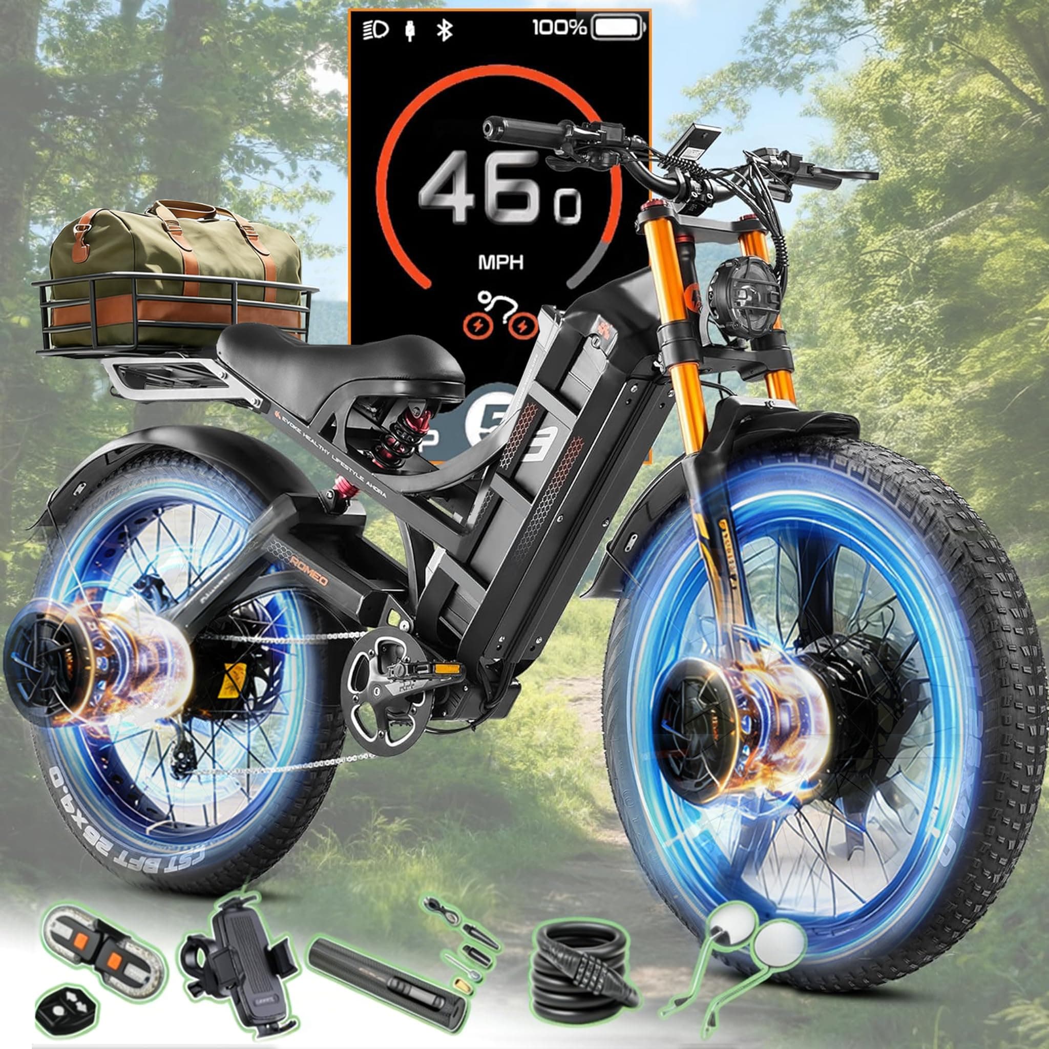 eAhora Romeo Pro 2 ebike-[2026 Latest] 46 MPH 4000W Dual Motor Ebike,52v 70Ah 200 Miles Long Range Electric Bike for Adults，26" Fat Tire Full Suspension Mountain Bike,Off-Road Fastest Electric Bike