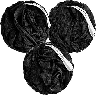 MainBasics Bath Shower Loofah Sponge Pouf Body Scrubber Exfoliator Body Wash Sponge (Set of 3, Triple Black)