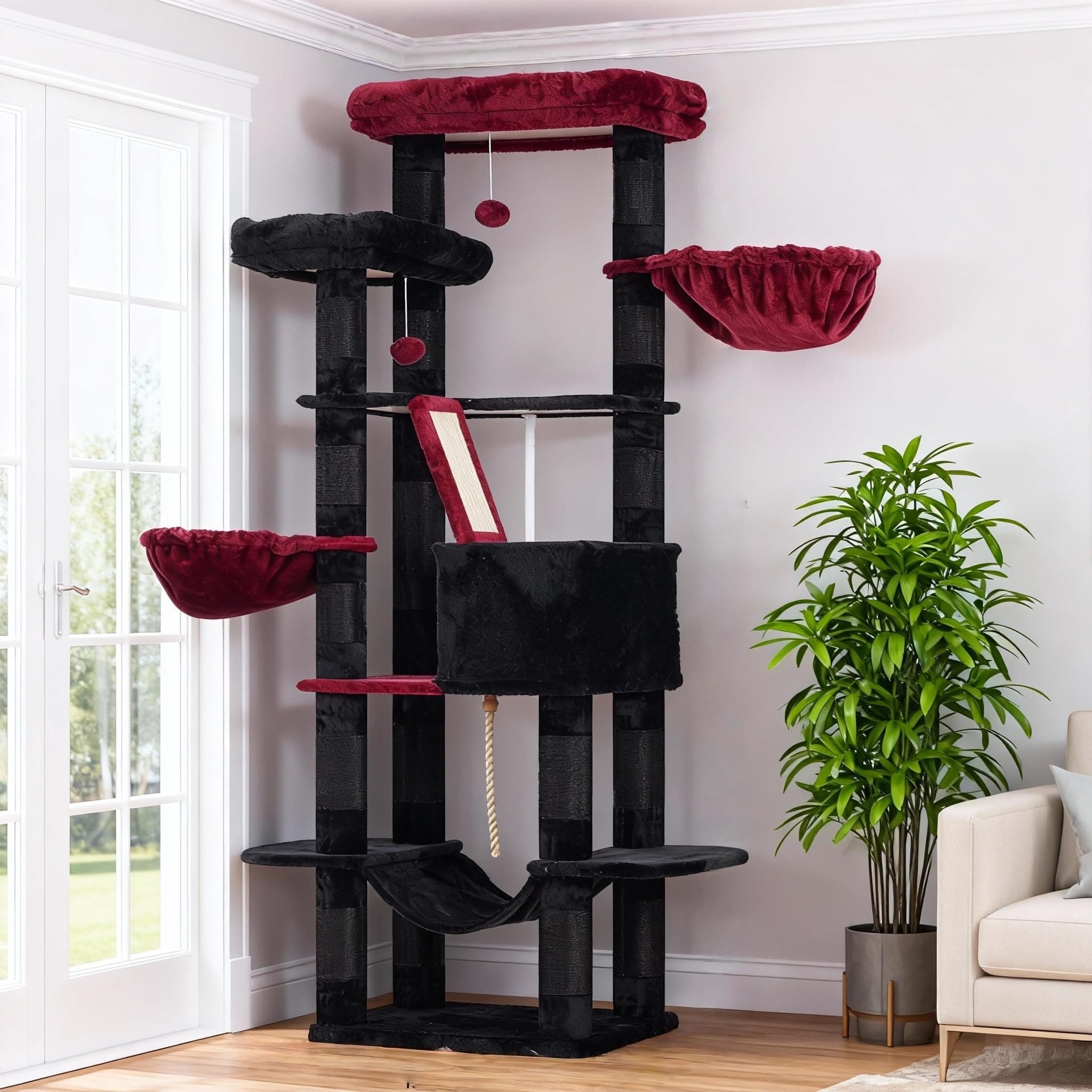 Heybly Cat Tree, 68 inch Multi-Level Cat Tower for Indoor Cats, 2 Widened Plush Perches Cat Condo with Scratching Board and Big Caves, Black and Red HCT025BR