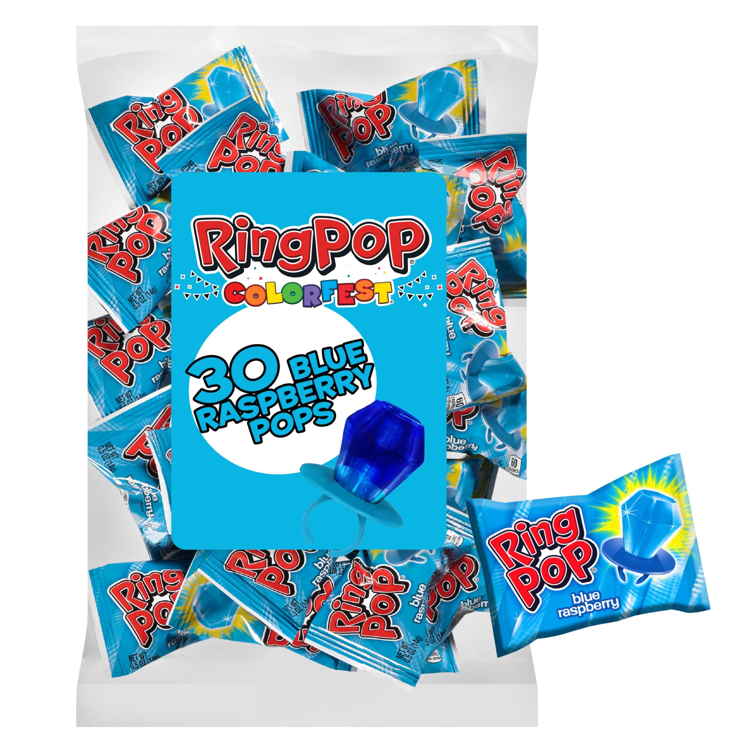 Ring Pop Individually Wrapped Blue Raspberry Party Pack – 30 Count Blue Raspberry Flavored Candy Lollipop Suckers - Blue Candy for Celebrations and Virtual Parties