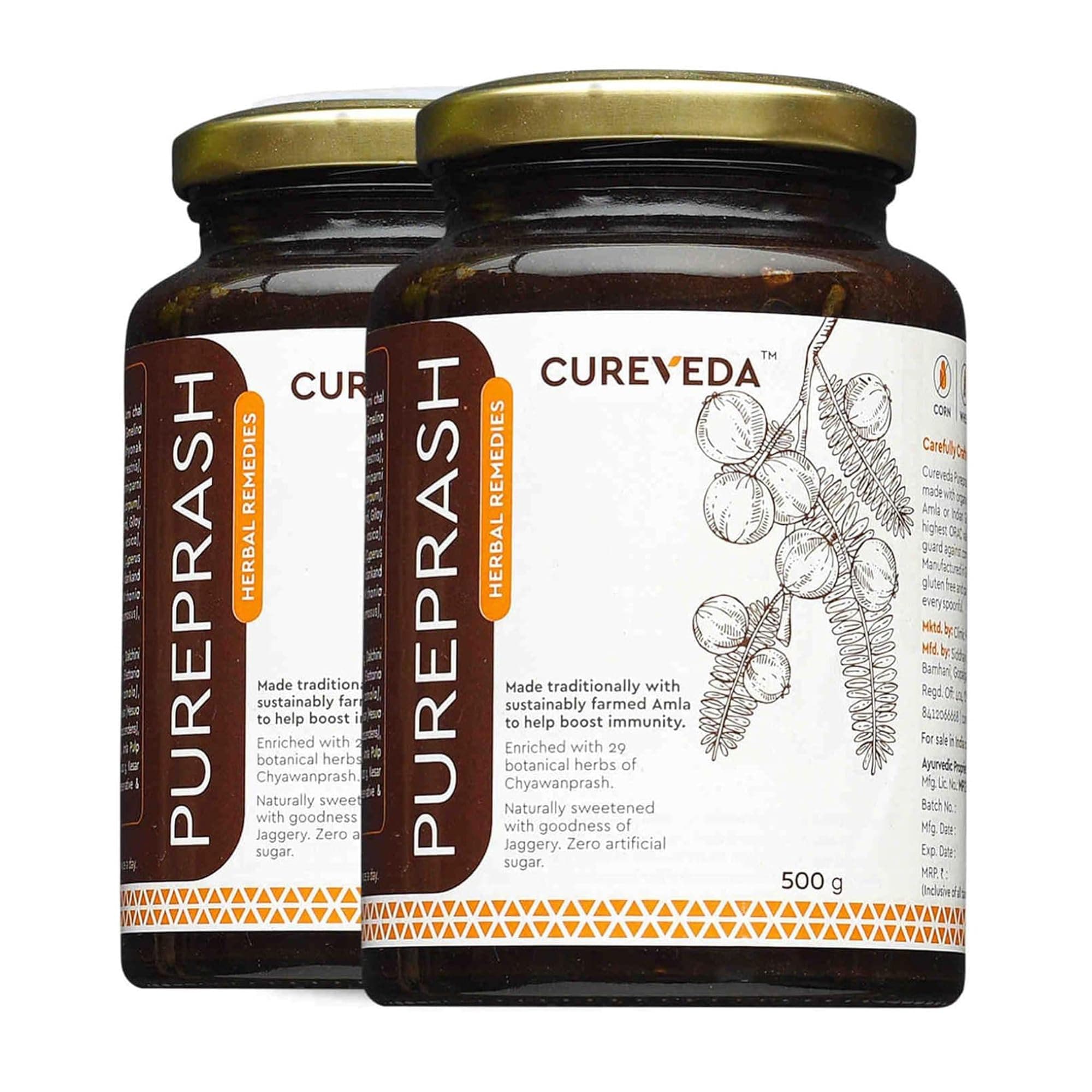 Cureveda Chyawanprash Pureprash 1kg - Herbal Immunity Support for All Age Groups- Jaggery, Organic, Saffron Kesar, no Added Sugar 500 g (Pack of 2) Chyawanprash