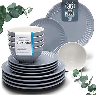 36-Piece Dinnerware Set - Bowl and Plate Set - Stoneware Dining Set for 12 People - Dishwasher and Microwave Safe - Grooved Dining Service in Grey-Blue