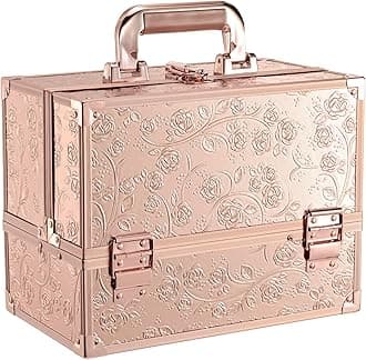 Makeup Case 11.8 Inch Makeup Organizer Case Large Cosmetic Box with Mirror Portable 3 Trays Travel Storage Box for Make Up Nail Tech Kits Cosmetology Case 3D Rose Gold Floral