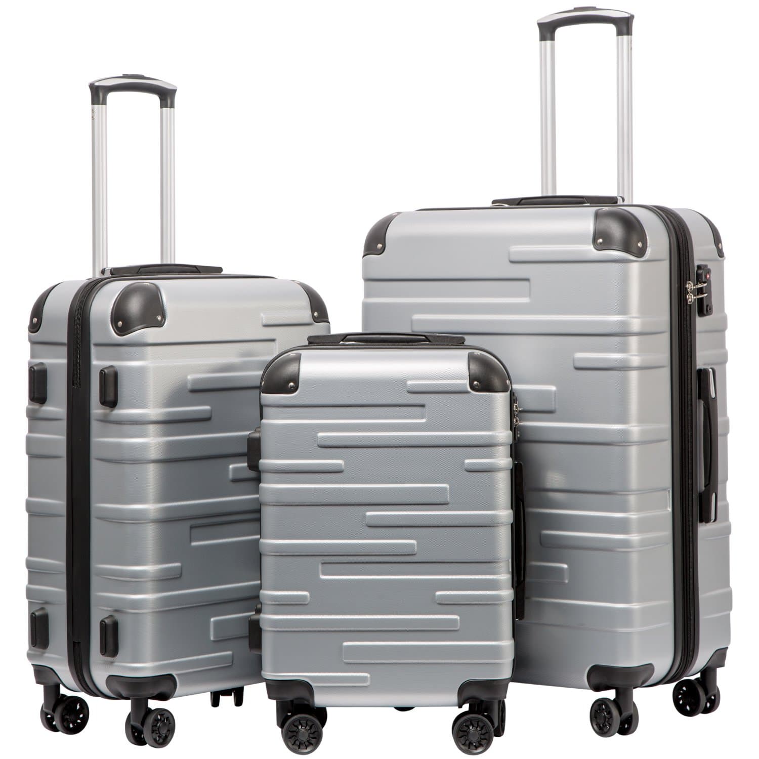 Coolife Hardside Luggage 3 Piece Set with TSA Lock, Spinner Wheels, Telescopic Handle, Lightweight Travel Suitcases (Silver, 3 piece set)