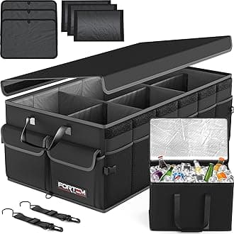 FORTEM Car Boot Organiser, Car Storage Organiser, Car Accessories, Collapsible Multi Compartment Car Organiser, Car Boot Tidy, Non Slip Bottom, Adjustable Securing Straps (Black, w/Cooler)