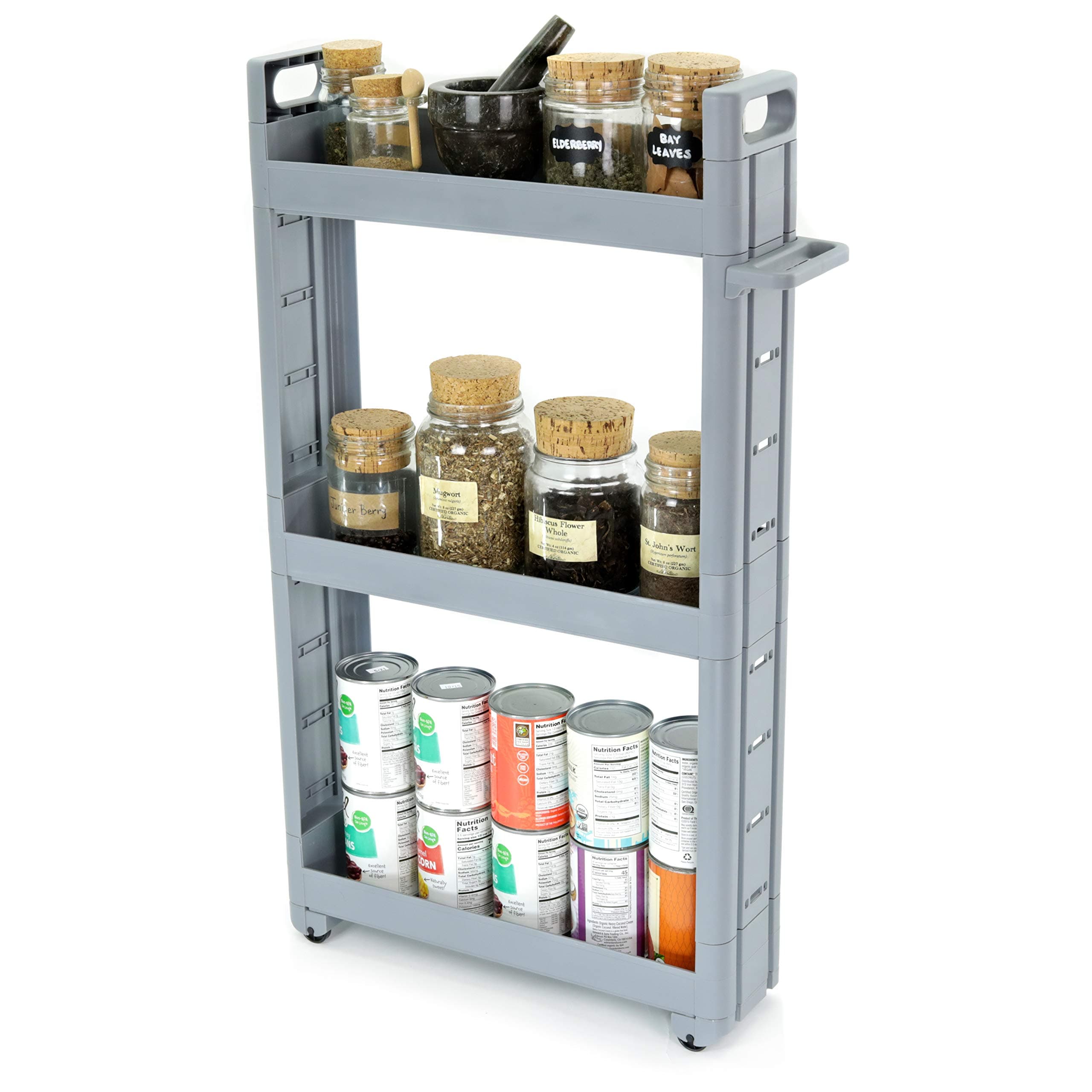 Adorn Home Essentials 3-Tier Narrow, Storage cart Pull-Out, Slide – Out Mobile Commodity Shelf, Rack Organizer Unit on Wheels | Plastic | Grey