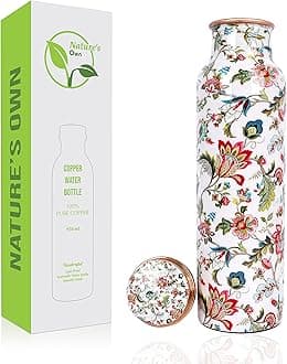 Nature's Own Pure Water Bottle For Drinking 1000ml – 34 Oz Extra Large – An Ayurvedic Pure Copper Water Bottles For Drinking More Water - Leak Proof Heavy Duty Copper Vessel (Royal Floral)