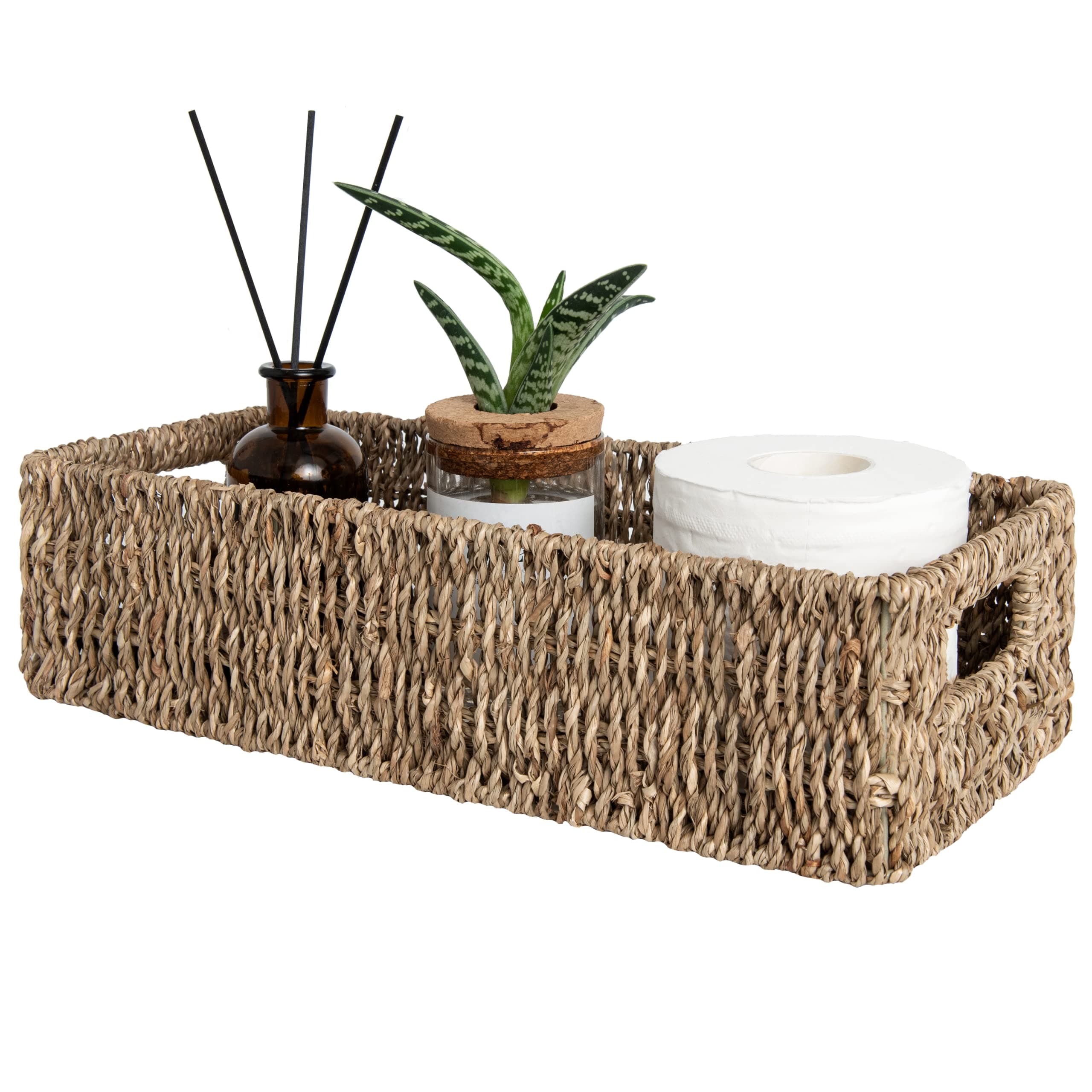 - StorageWorks Seagrass Baskets with Built-in Handles, Bathroom Decor Box for Toilet Tank Top, 14 ¼"L x 6 ½"W x 3 ¾"H