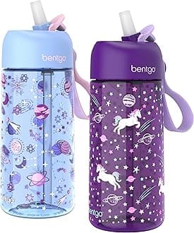 Bentgo Kids Water Bottle 2-Pack - Leak-Proof, Durable Tritan, BPA-Free 15 oz Cup for Kids/Toddlers 3+; Flip-Up Straw; Dishwasher Safe for School/Sports/Daycare/Camp (Unicorn/Lavender Galaxy)