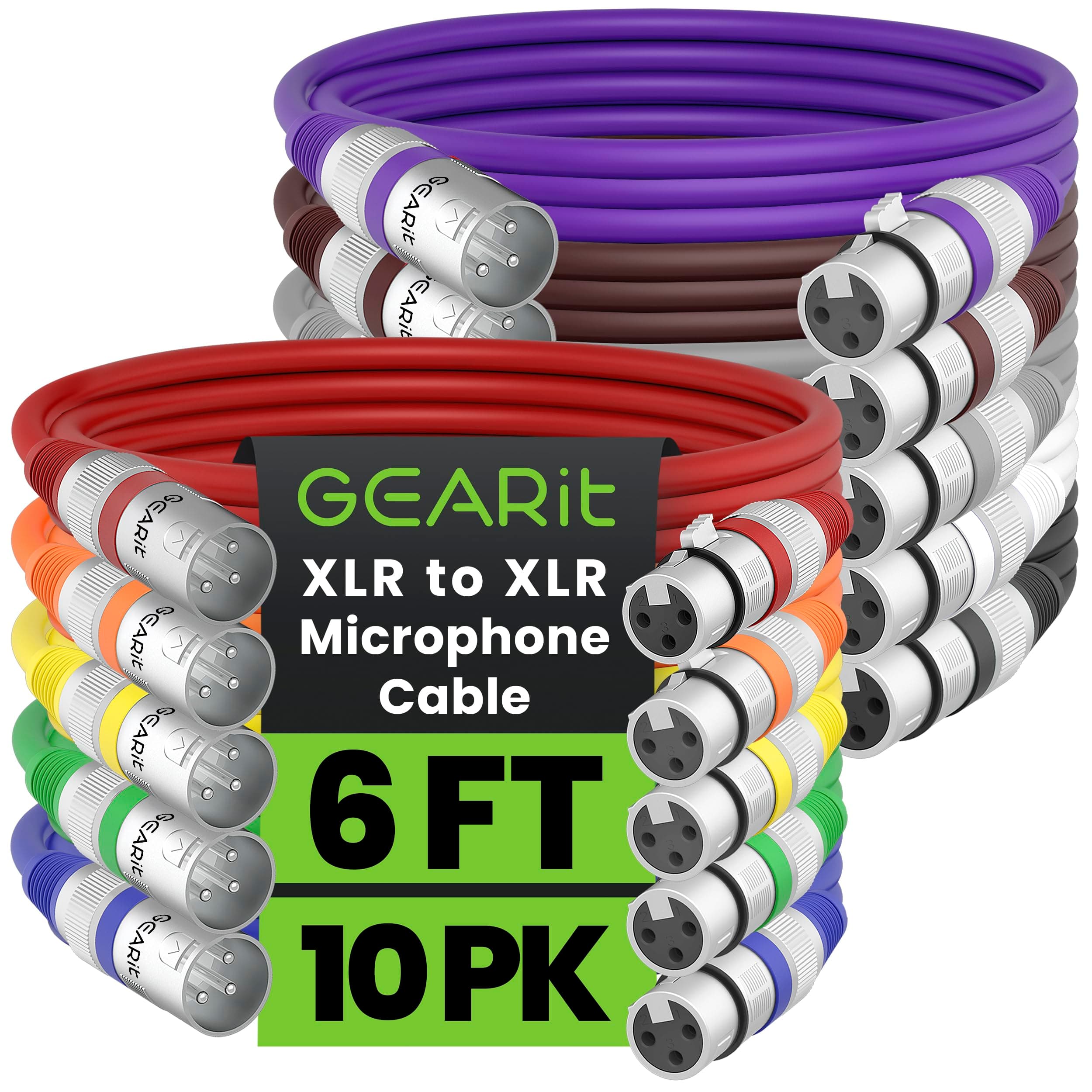 – GEARit XLR to XLR Microphone Cable (6 Feet, 10 Pack) XLR Male to Female Mic Cable 3-Pin Balanced Shielded XLR Cable for Mic Mixer, Recording Studio, Podcast - Multi Colored, 6Ft, 10 Pack