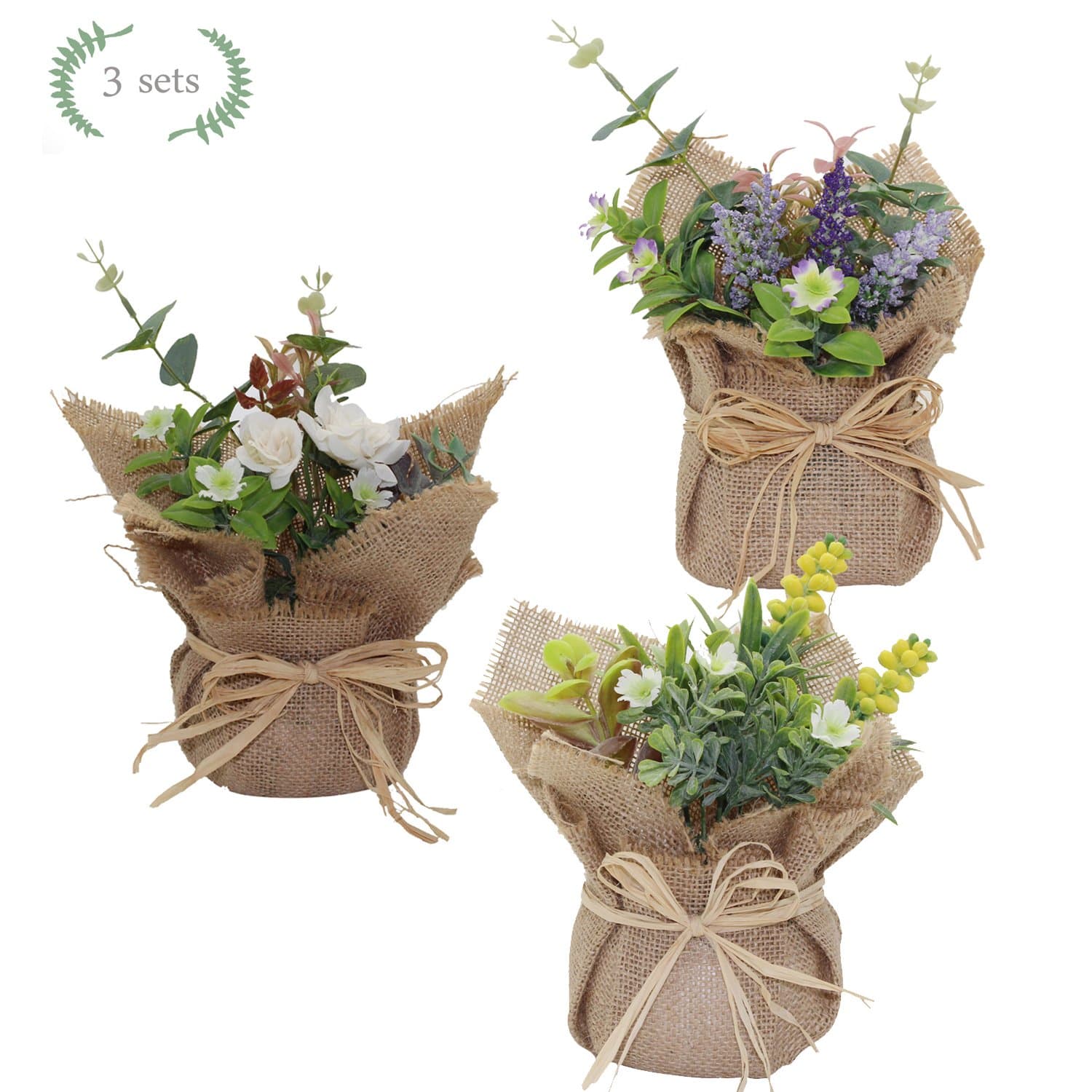 Artificial Flower with Cloth Vase Plastic Mini Plants Unique Fake Fresh Artificial Flower in Natural Burlap Cloth Pot for Home Décor – Set of 3