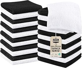24 Pack Cotton Washcloths Set, 100% Ring Spun Cotton, Premium Quality Flannel Face Cloths, Highly Absorbent and Soft Feel Fingertip Towels, Black, White