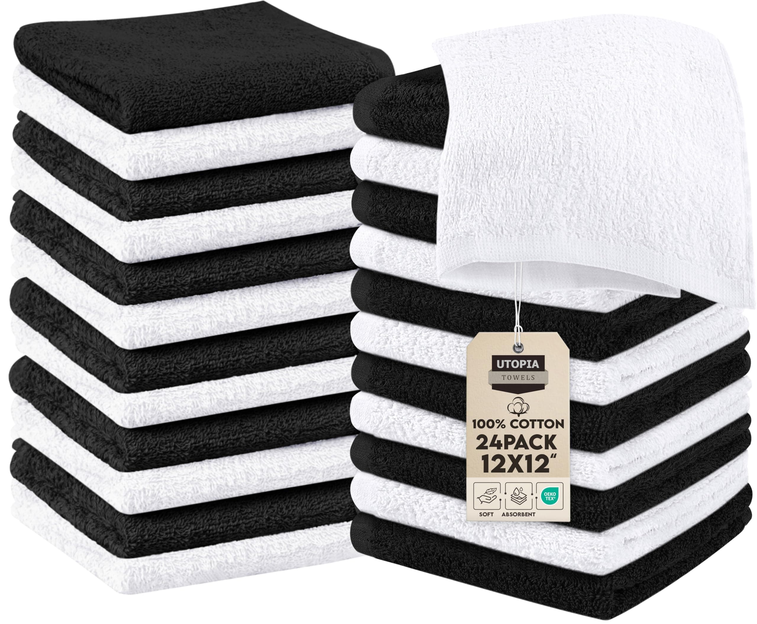 Utopia Towels 24 Pack Cotton Washcloths Set, 100% Ring Spun Cotton, Premium Quality Flannel Face Cloths, Highly Absorbent and Soft Feel Fingertip Towels, Black, White