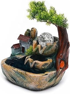 Tabletop Water Fountains Home Office Desktop Waterfall Rockery Water Fountain with Fake Plants Feng Shui Decor for Good Luck Wealth (Type 3)
