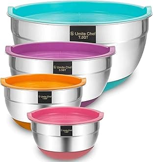 Mixing Bowls with Airtight Lids, 4 Piece Stainless Steel Large Non-Slip Nesting Bowls by Umite Chef, 7-3.5-1.5-1 Quart, Polished Mirror Finish for Mixing Cooking Supplies