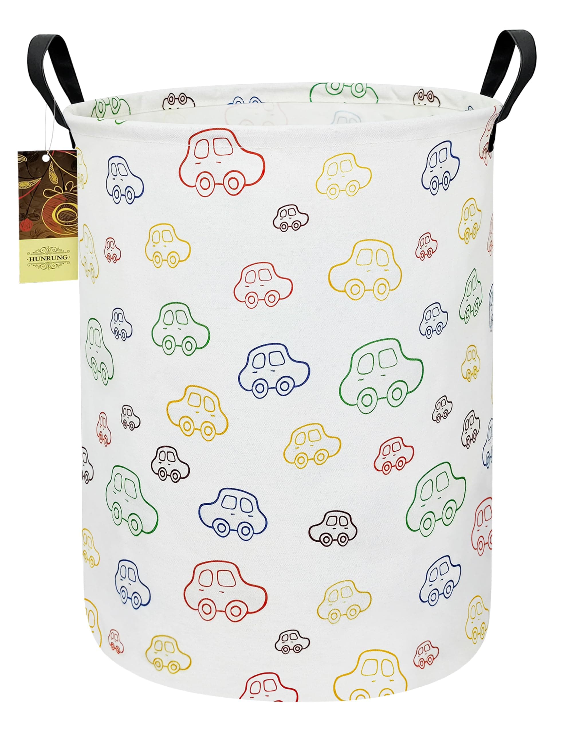 Laundry Hamper,Large Canvas Fabric Lightweight Storage Basket Toy Organizer Dirty Clothes Collapsible Waterproof for College Dorms（Round-Car）