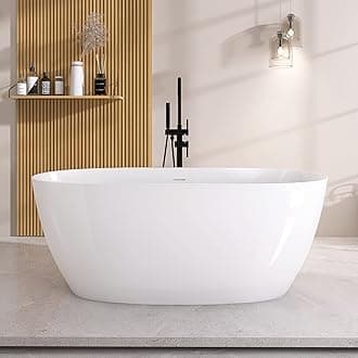 GETPRO Free Standing Tub 59" Acrylic Freestanding Bathtub Upgraded Stand Alone Soaking Tub with Integrated Slotted Overflow and Removable Anti-clogging Drain Glossy White