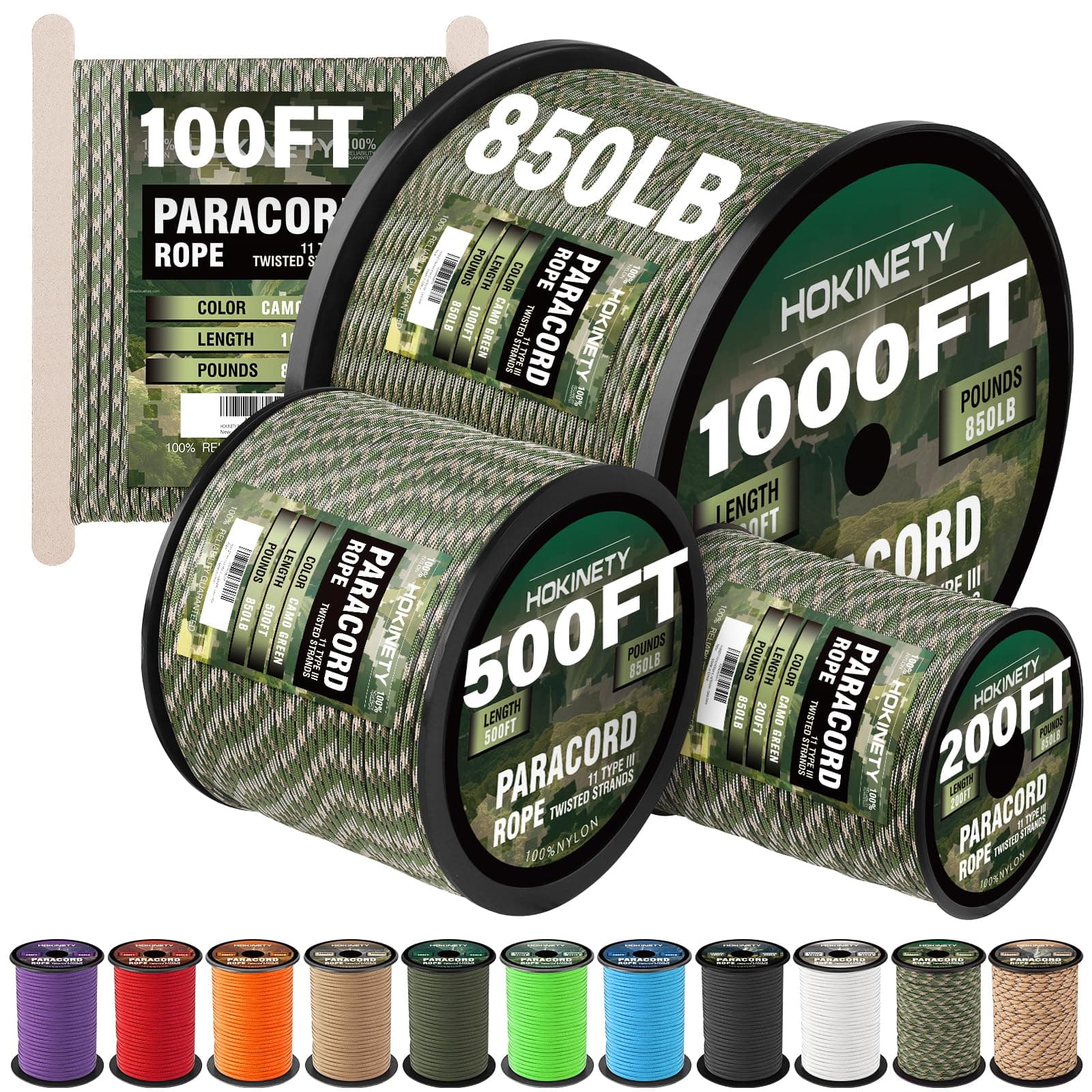 Paracord Rope 850 lb - 100 ft / 200 ft / 500 ft / 1000 ft 4MM Strong Heavy-Duty Parachute Spool para Cord Lanyard for Crafting, Tent, Camping, Clothes line, Hiking, Fishing, Survival Bracelet