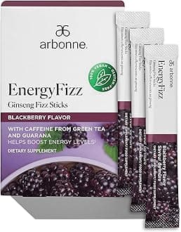 Arbonne Ginseng Energy Supplements - Blackberry Flavor Fizz Sticks, Energy Boost with Caffeine Powder from Guarana and Green Tea, Delicious Alternative to Caffeine Pills