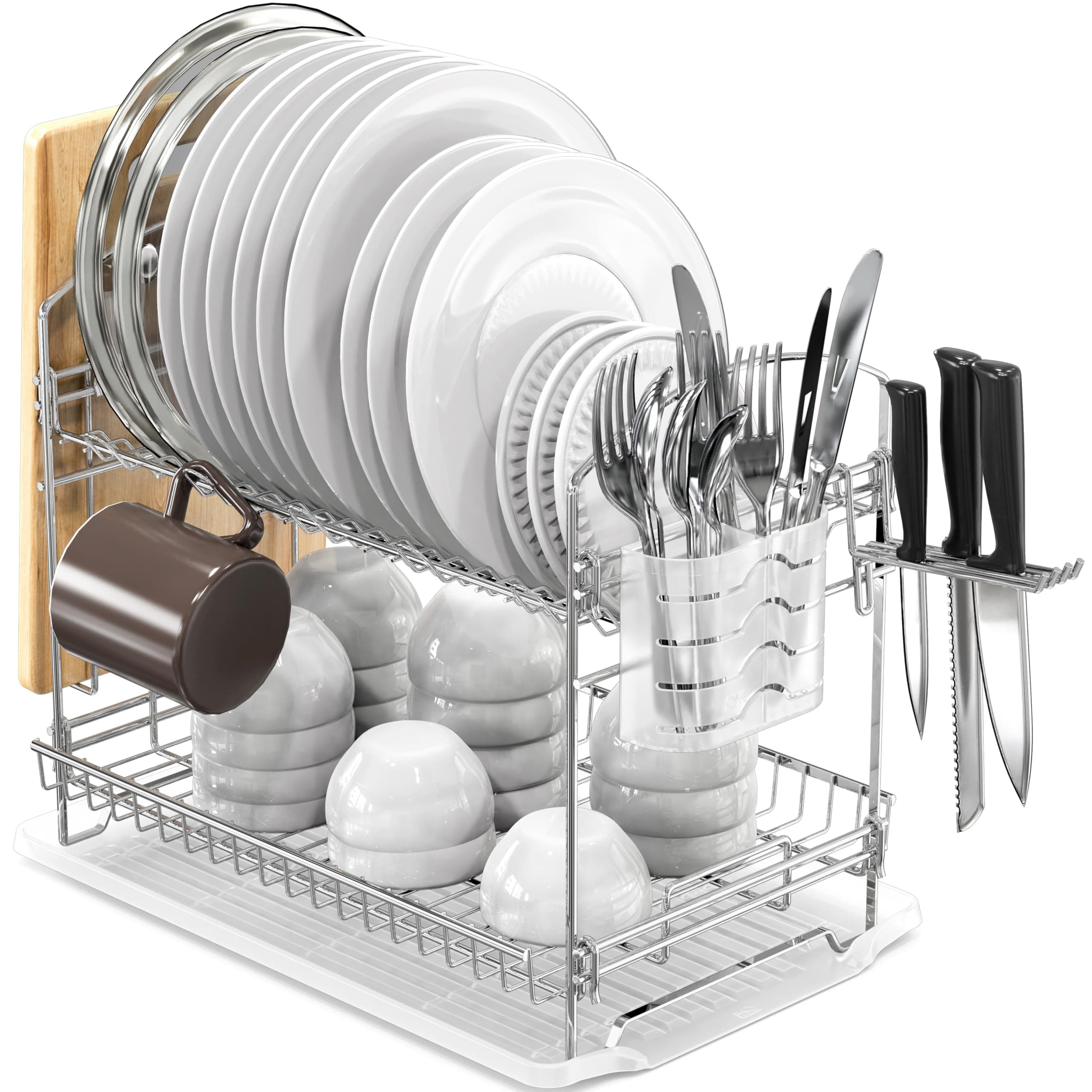 Simple Houseware 2-Tier Stainless Steel Dish Rack with Drainboard, Chrome for Kitchen