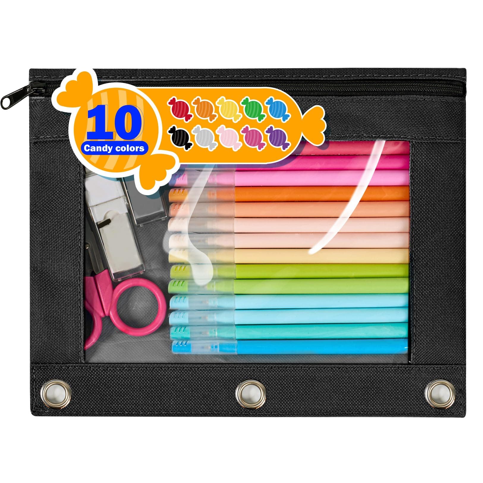 Forvencer Pencil Pouch for 3 Ring Binder, Large Pencil Case Pouch with 3 Reinforced Grommets, Pen Bag, Clear Window Pencil Case, Binder Accessories, Matte Black