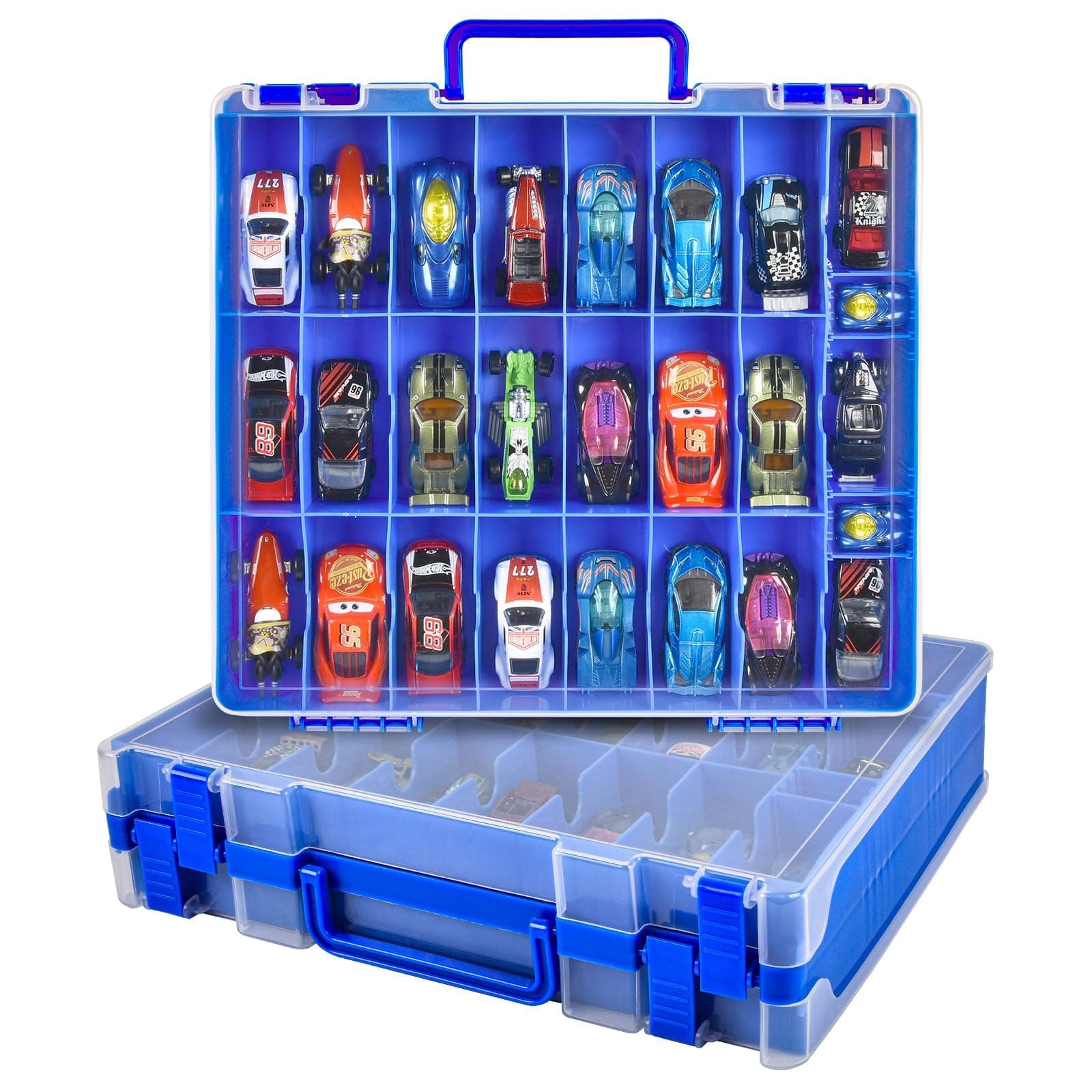 Toy Car Storage Organizer Case Compatible with Hot Wheels/for Matchbox Cars. Display Carrying Container Holder for LOL Surprise Dolls/for Shopkins with 48 Compartments Double Sided -Blue (Box Only)