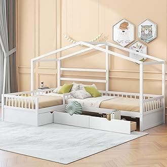 Harper & Bright Designs Twin Size House Platform Bed with Drawers and Roof, L-Shaped Bed Frame with Guardrails and Wooden Slat Support, for Kids Boys Girls, No Box Spring Needed, White