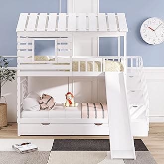 Danxee Stairway House Bed Solid Wood Twin Over Twin Bunk Bed with Trundle and Slide, Storage Staircase, Roof and Window Design for Toddler Kids Teens (White)
