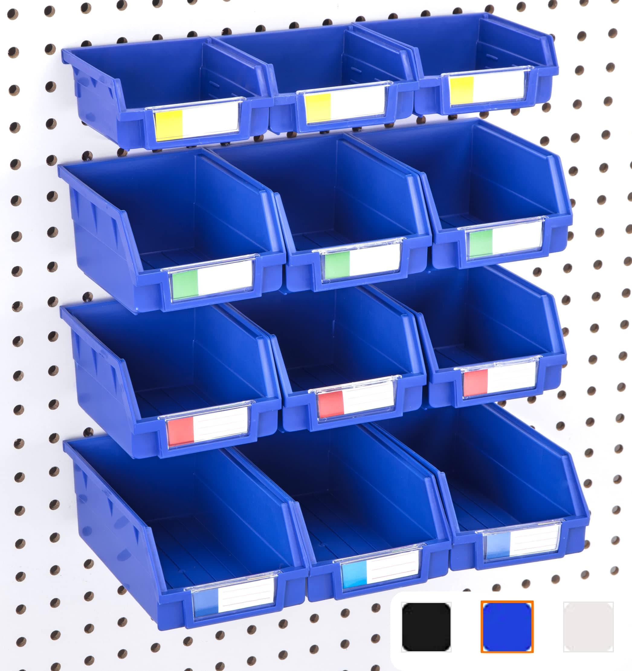 Pegboard Bins - 3 Sizes, Set of 12 - Hooks to Any Peg Board - Organize Hardware, Accessories, Attachments, Workbench, Garage Storage, Craft Room, Tool Shed, Hobby Supplies, Small Parts