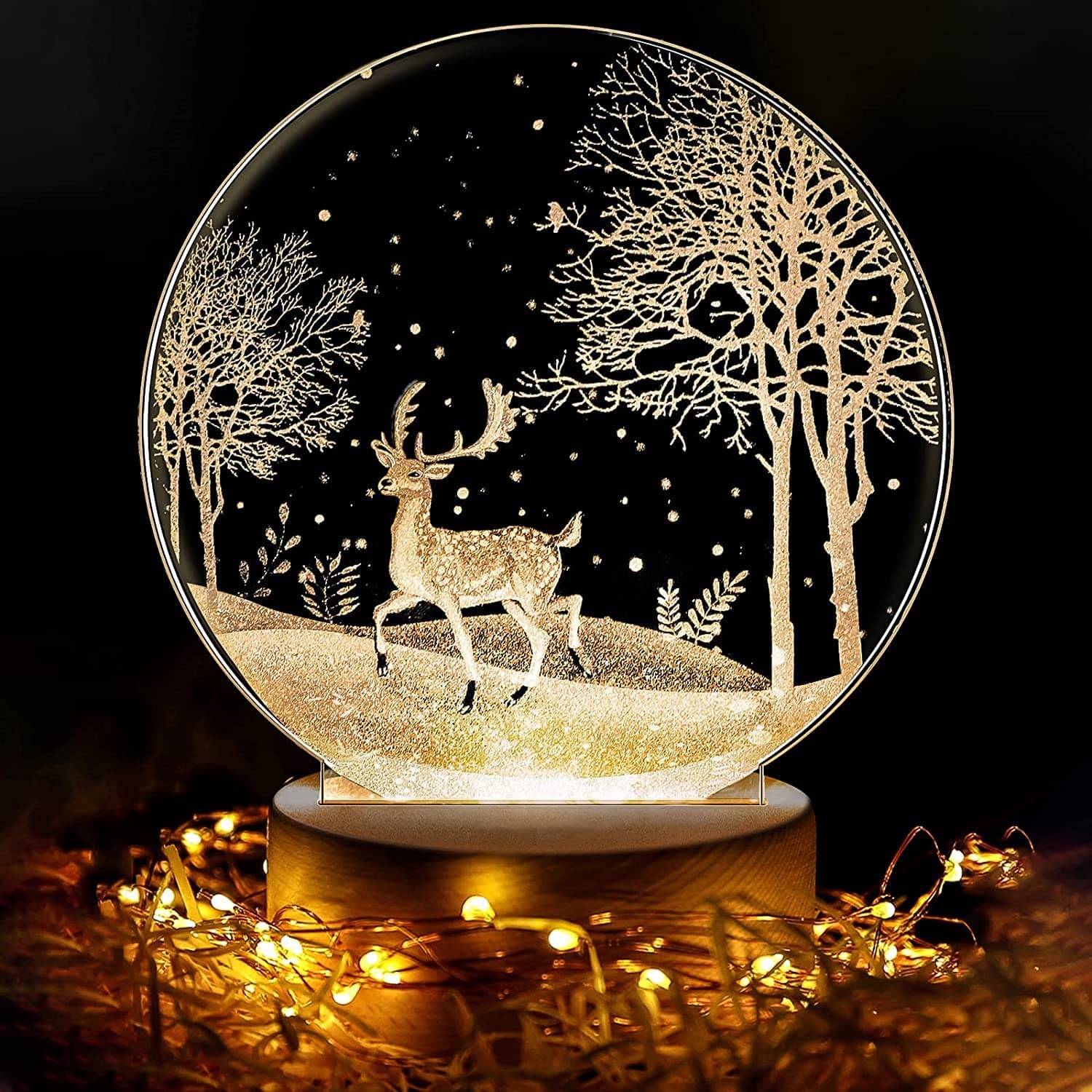 Night-Light-Kids-Moon-Lamp, Christmas-Night-Light-3D-Moose-Engraving, Touch Control, Wooden Stand USB Rechargeable, 3 Colors Adjustable Brightness Christmas gifts for Kids/Friends/Girlfriends