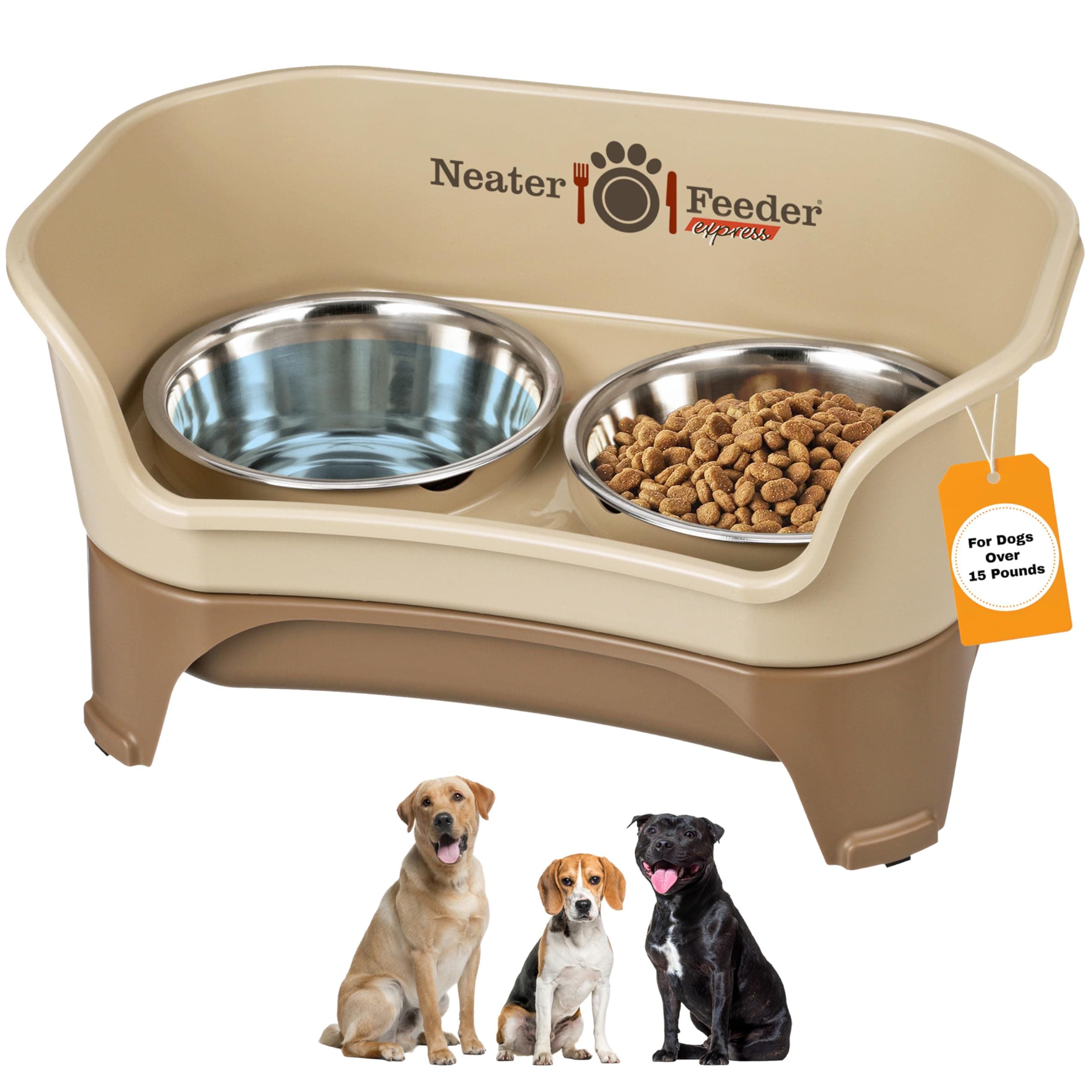 Neater Feeder Express Mess Proof Dog Bowls Elevated for Medium to Large Sized Breed, No Spill Raised Dog Food Bowl Stand, Stainless Steel Food and Water Bowl Set, Pet Dish Feeding Station, Cappuccino